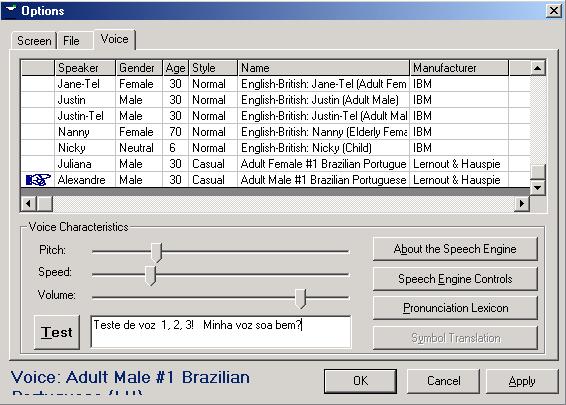 Ecrã do E-triloquist com Opções de Vozes