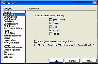 Verificação da acessibilidade no Dreamweaver MX.