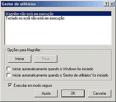 Ecrã do Gestor de Utilitários