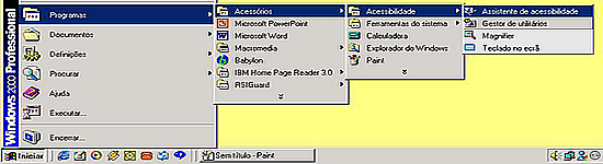 Forma de accionar o Assistente de Acessibilidade a partir do Menu Iniciar.