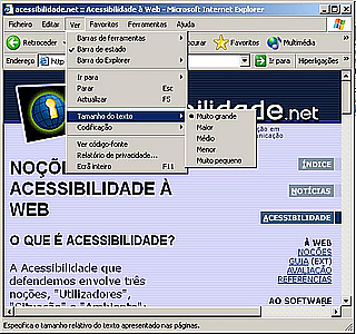 Alteração do tamanho do texto.