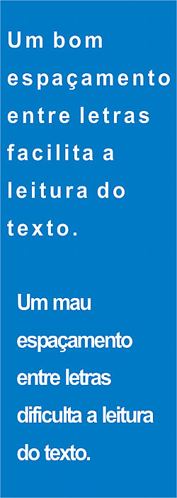 Caixa de texto com as seguintes frases exemplificando o espaçamento entre as letras: Um bom espaçamento entre letras facilita a leitura do texto. Um mau espaçamento entre letras dificulta a leitura do texto.