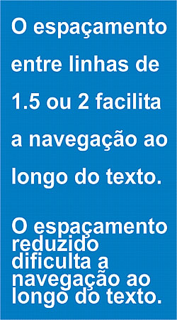 Caixa de texto com as seguintes frases exemplificando o espaamento entre linhas: O espaamento entre linhas de 1.5 ou 2 facilita a navegao ao longo do texto. O espao reduzido dificulta a navegao ao longo do texto.